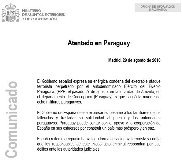 Atentado en Paraguay - Comunicado MAEC